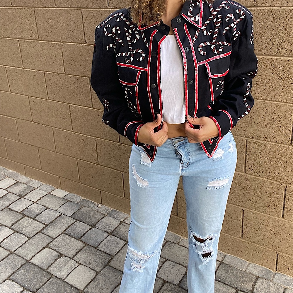 90s Vintage sequins red, white, and black CANDY CANE Christmas jacket 🎄